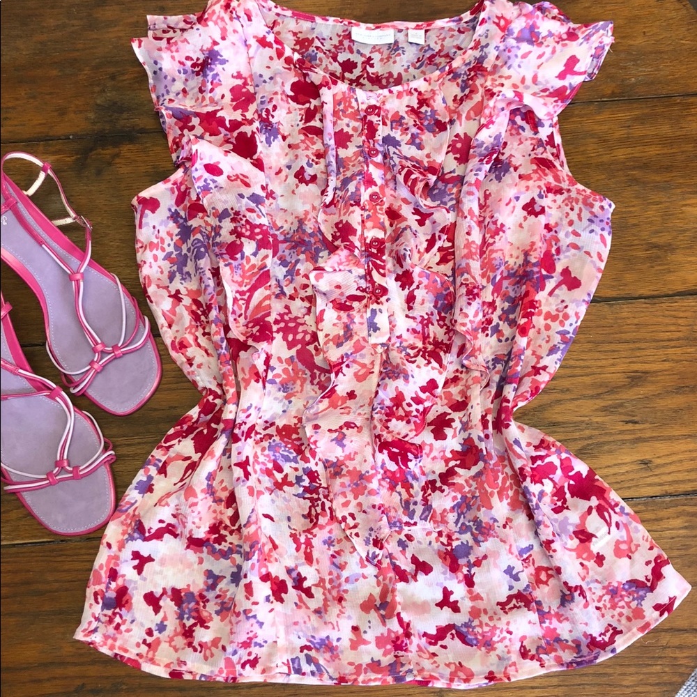 New York & Company Floral Ruffle Front Blouse Med